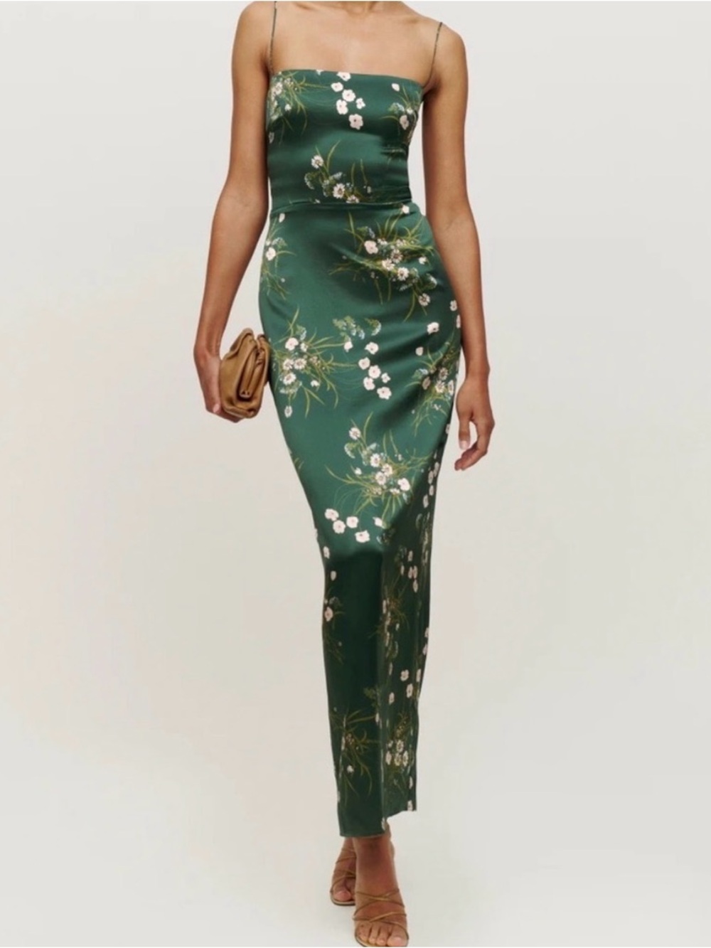 Reformation Dark Green Floral Satin Maxi Dress